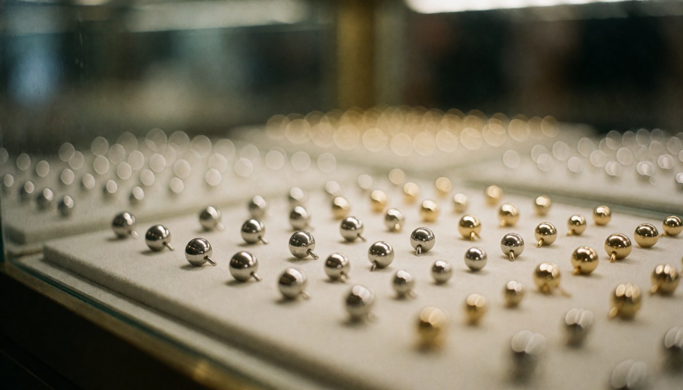 Silver and gold earrings in a display case with soft bokeh and warm lighting, ideal for jewelry text backgrounds