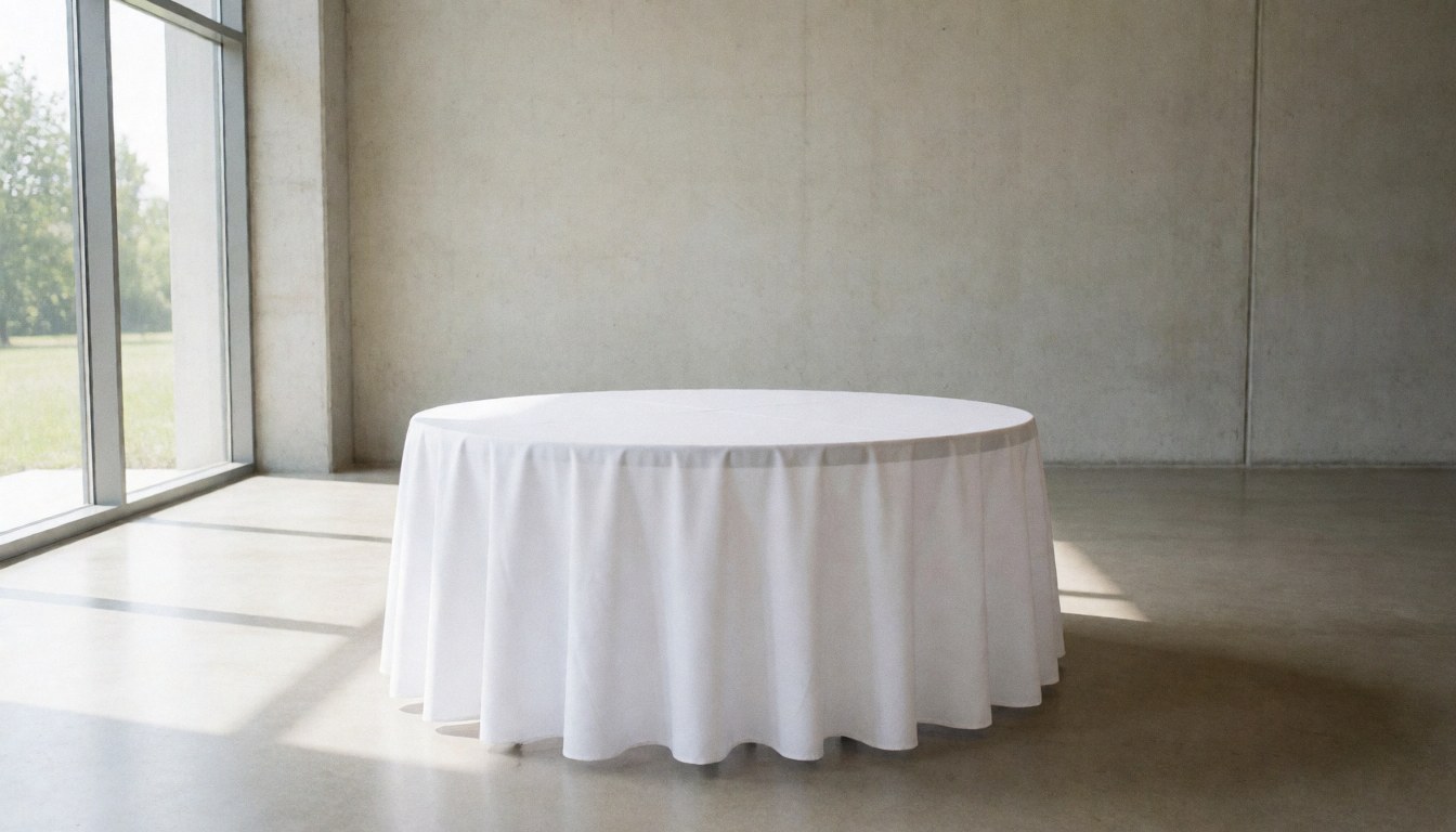 Round table covered with a white tablecloth in an empty event hall with concrete walls and a large window letting in natural light
