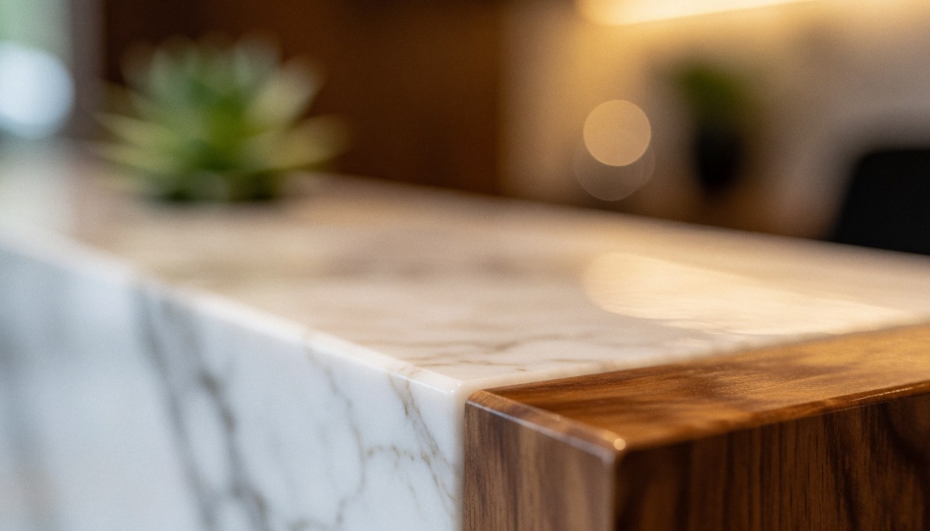 Close-up of a white marble reception counter with polished dark wood edges, featuring warm bokeh and a green succulent plant in the background