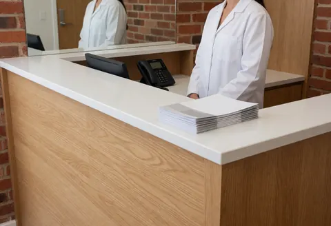 Receptionist in white coat attending to light wood counter with red brick wall and black phone