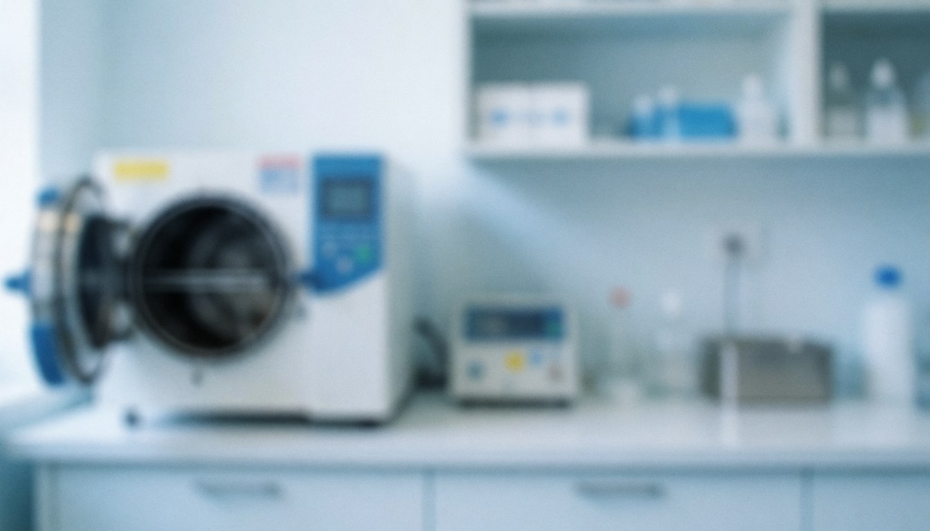 Blurred background of a sterilization station featuring an autoclave, shelves, and medical products, suitable for hygiene and facial care text overlays.