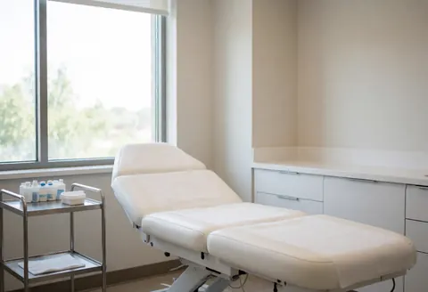 Modern sterile treatment room featuring a white medical bed, rolling medicine cart, and window with natural light for dermatology clinics