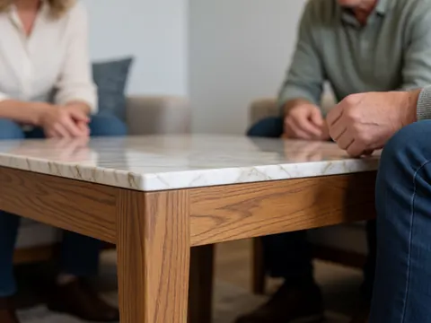 Wood table with marble top in living room with people seated around, warm modern atmosphere