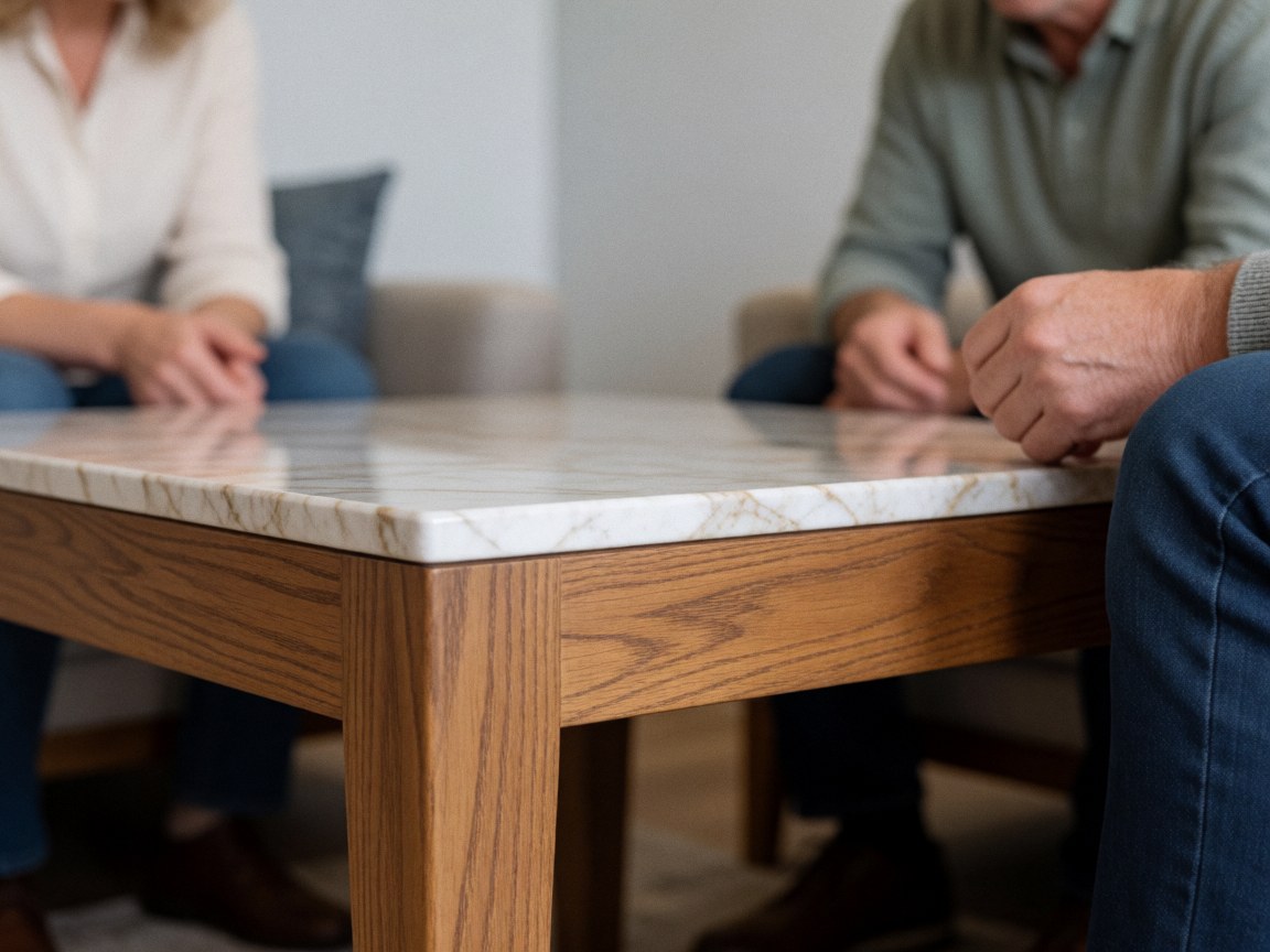 Wood table with marble top in living room with people seated around, warm modern atmosphere