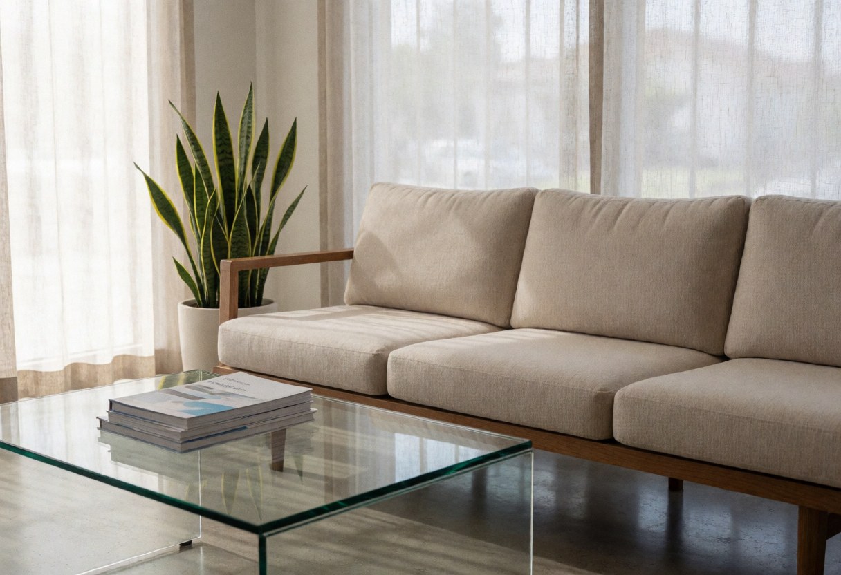 Modern waiting room featuring a beige sofa, glass coffee table with magazines, indoor plant, and soft natural light filtering through curtains