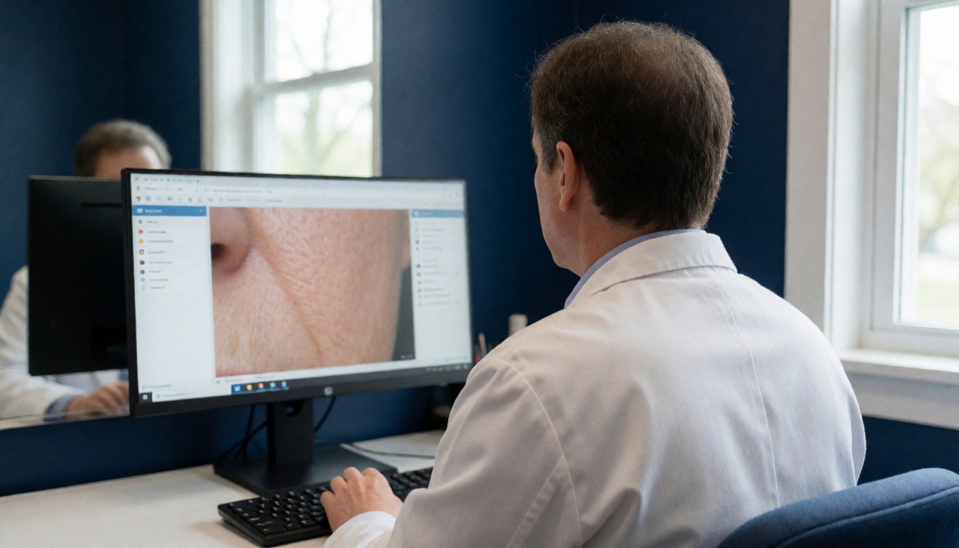 Dermatologist in white coat examining skin image on monitor in office with mirror and natural light