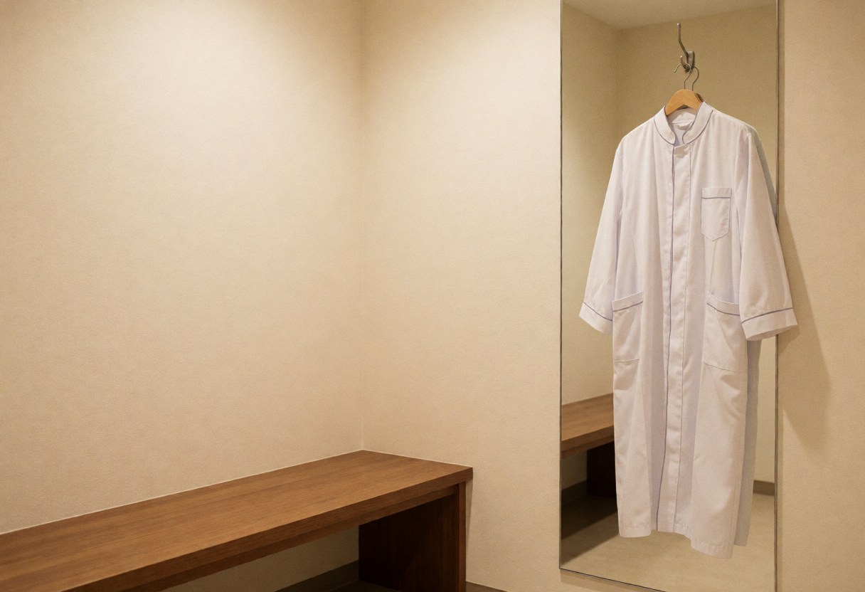 Wood bench and white coat reflected in mirror in private clinic room with warm lighting