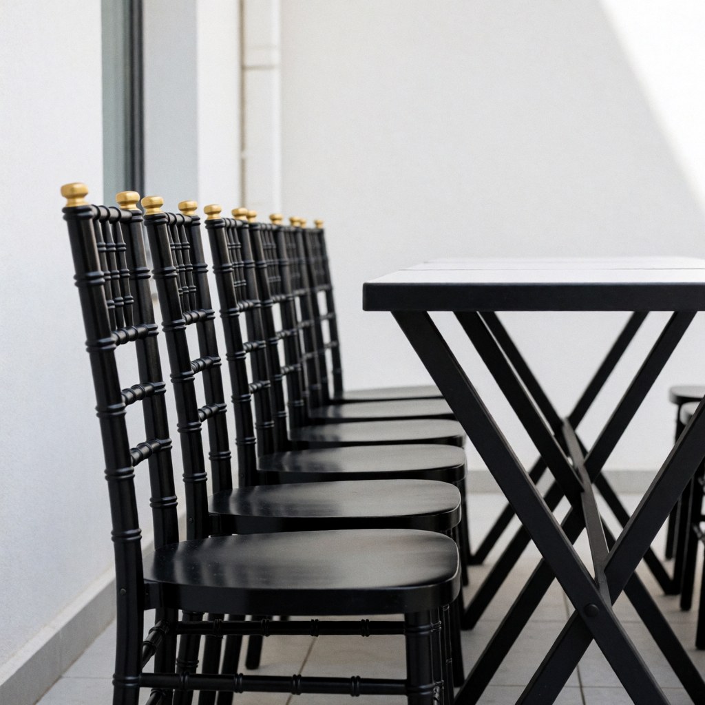 Black chairs with gold accents lined up next to a modern table in a minimalist outdoor patio with white walls
