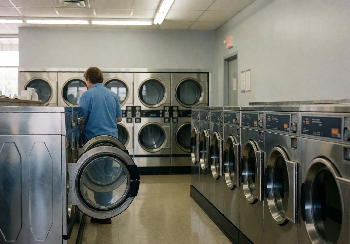 Back view of a customer using a dryer in a clean laundromat with polished floors, fluorescent lights, and gray walls