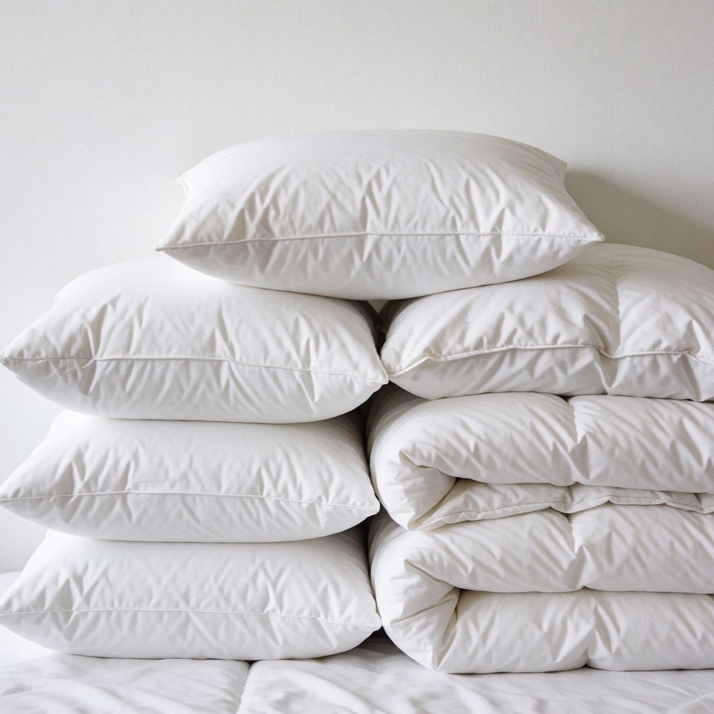 Neatly stacked white pillows and duvets with realistic fabric texture and soft lighting, presented cleanly for a laundromat catalog.