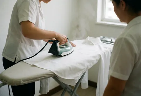 A person irons a white shirt on an ironing board while another person watches closely inside a laundromat.