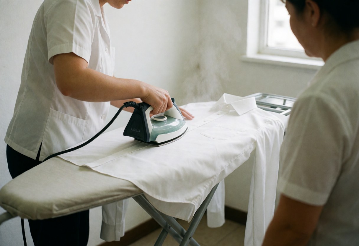 A person irons a white shirt on an ironing board while another person watches closely inside a laundromat.
