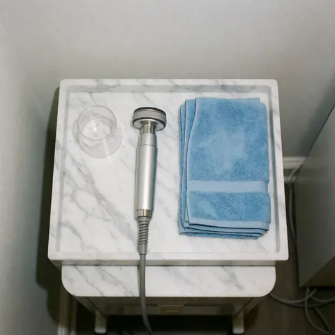 Sterile dermabrasion kit with tool, blue towels, and plastic container arranged on a white marble tray for beauty clinics