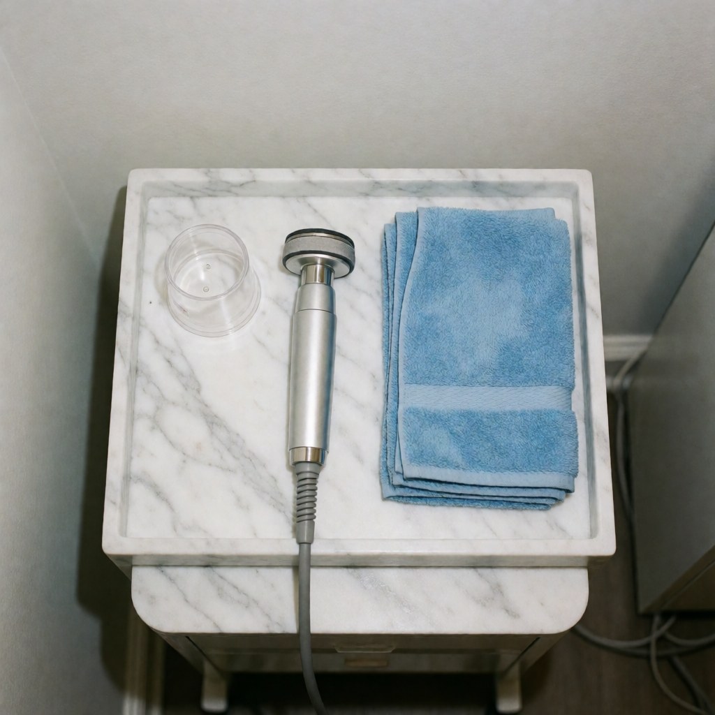 Sterile dermabrasion kit with tool, blue towels, and plastic container arranged on a white marble tray for beauty clinics