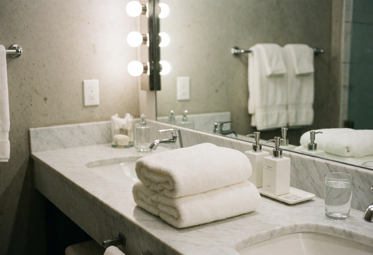 Clean hotel bathroom featuring white marble surfaces, folded white towels, soap dispensers, a lighted mirror, and a glass of water