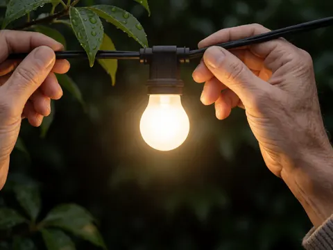 Close-up of hands adjusting an LED bulb on a string of lights with wet leaves and dark foliage background, suitable for outdoor event decoration.