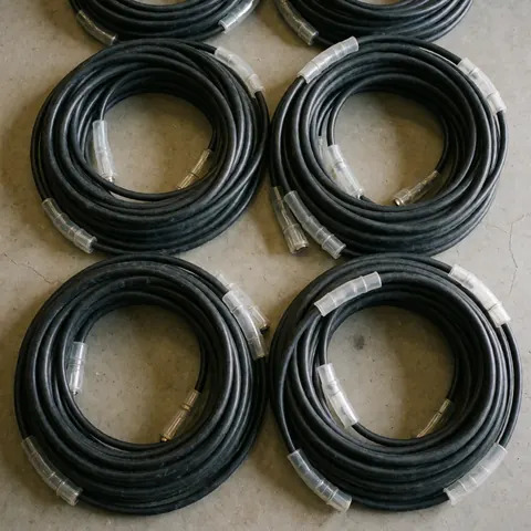 Rolled black electrical cables with transparent protective sleeves lying on a concrete floor, ready for event setup.