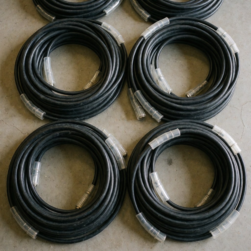 Rolled black electrical cables with transparent protective sleeves lying on a concrete floor, ready for event setup.