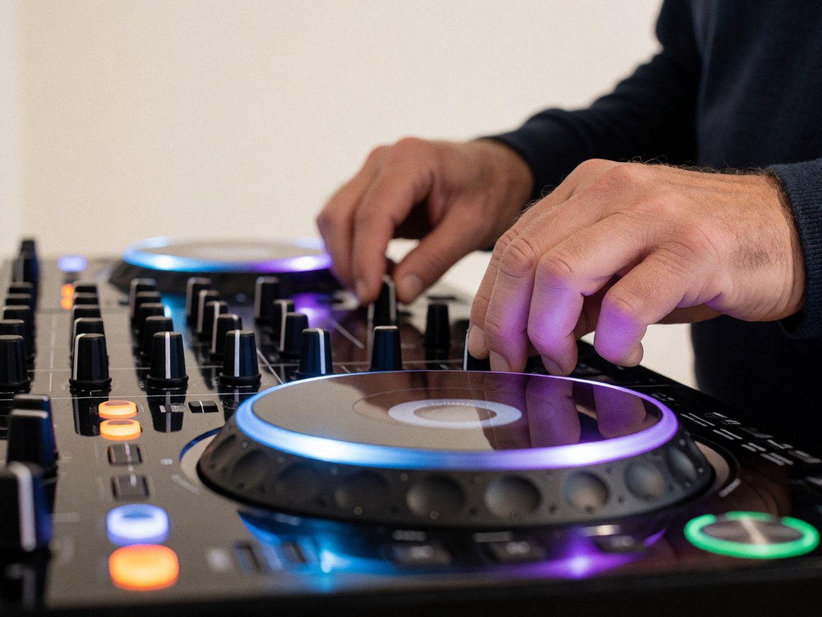 Close-up of adult hands manipulating buttons and knobs on a DJ controller illuminated by blue and purple neon lights in a professional setting.