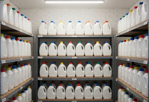 Metal shelves stocked with detergent and fabric softener bottles in a clean laundry storage room with white brick walls and bright lighting