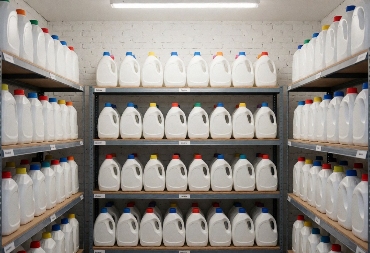 Metal shelves stocked with detergent and fabric softener bottles in a clean laundry storage room with white brick walls and bright lighting