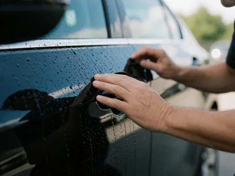 Adult hand using a clean cloth to wipe the door of a black car with ceramic coating, water droplets glistening on the polished surface against a blurred natural background.