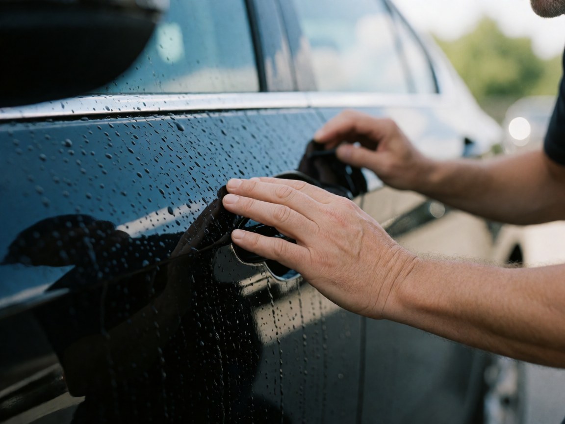 Adult hand using a clean cloth to wipe the door of a black car with ceramic coating, water droplets glistening on the polished surface against a blurred natural background.