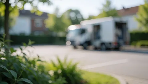 Out-of-focus mobile car wash truck in a residential driveway with green foliage in the foreground under soft natural light, serving as a text background.