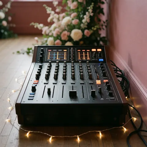 Professional DJ mixer with buttons and faders on a wooden floor surrounded by fairy lights and pink flowers on a stage