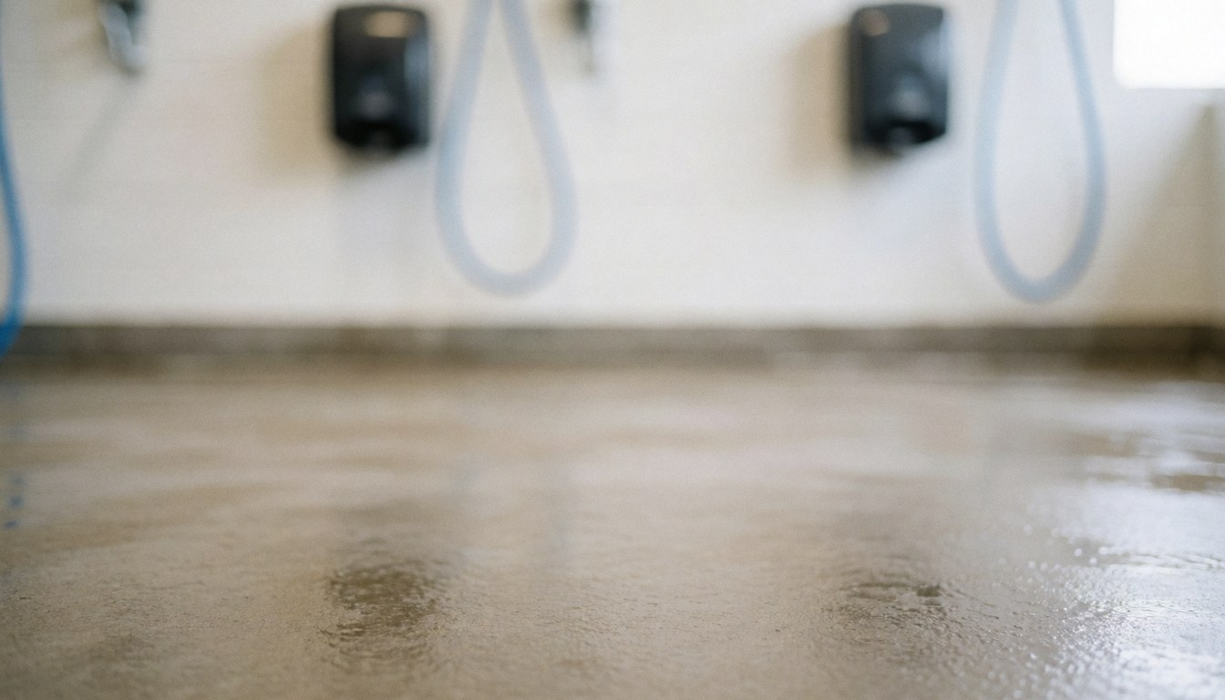 Wet concrete floor in a car wash with blurred soap dispensers on the wall, soft neutral lighting ideal for text overlay