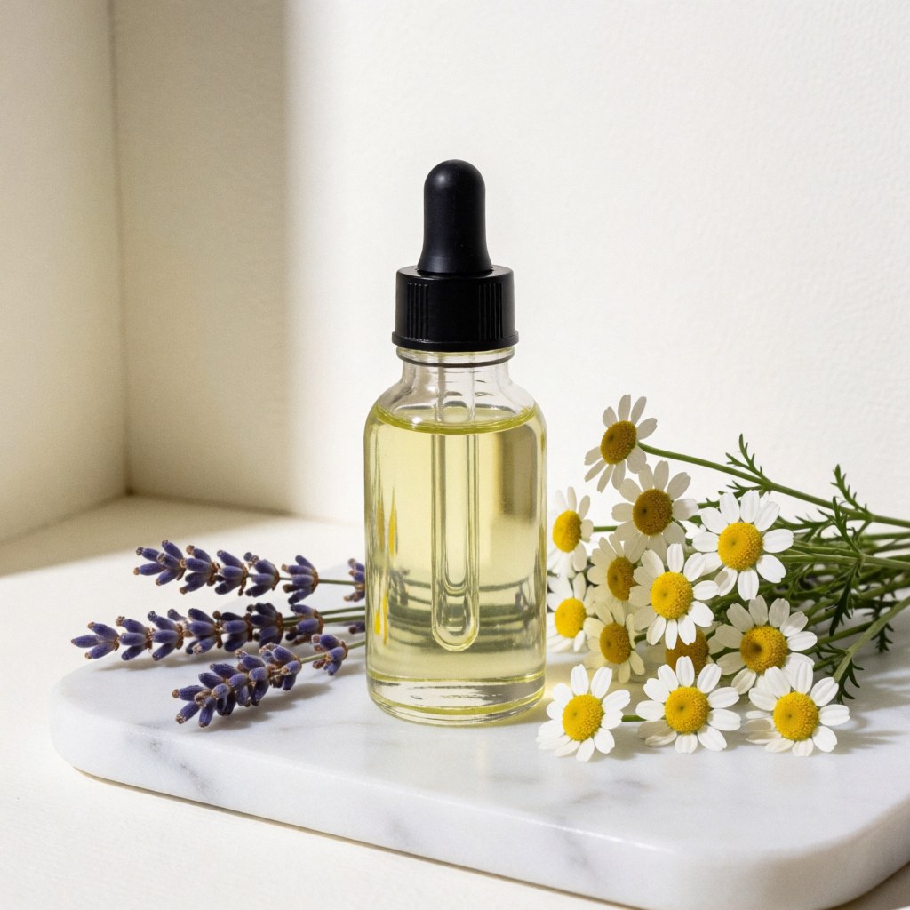 Amber serum bottle with black dropper surrounded by chamomile flowers and lavender sprigs on white marble surface with soft natural light