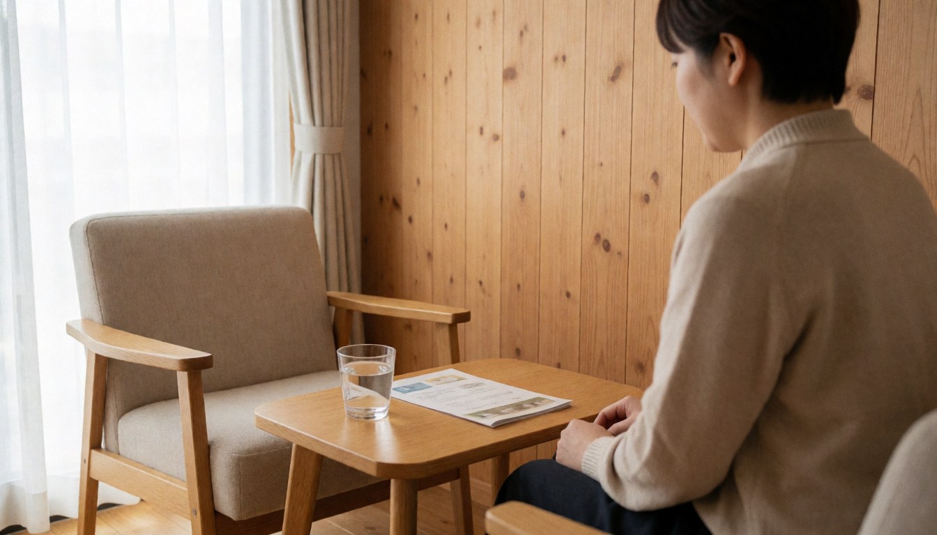 A person sits in a comfortable chair in a waiting room with wooden walls, a table with water and a brochure, creating a tranquil atmosphere.