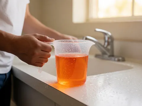 Hand holding transparent measuring cup with orange liquid over white sink edge. Water droplets on cup and counter. Chrome faucet and natural window light in background.