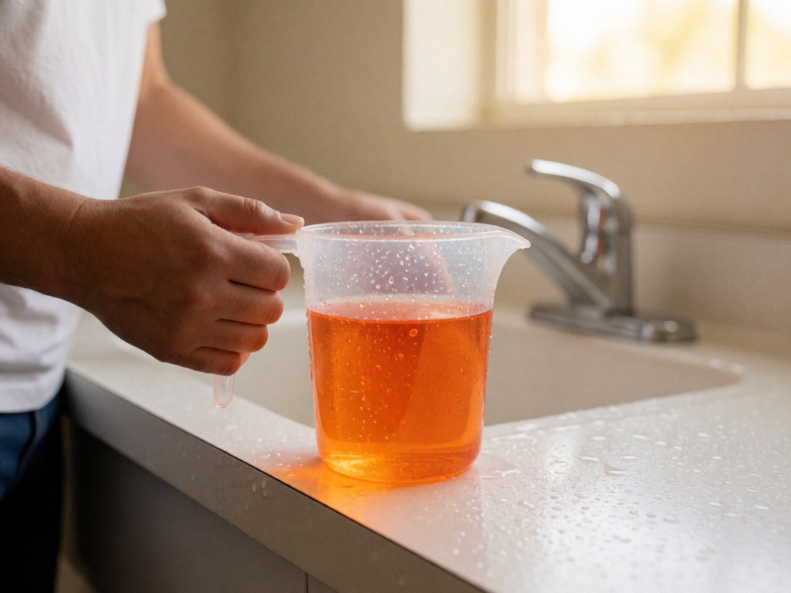 Hand holding transparent measuring cup with orange liquid over white sink edge. Water droplets on cup and counter. Chrome faucet and natural window light in background.
