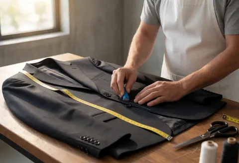 Professional tailor marking a dark suit with blue chalk, yellow measuring tape, scissors, and thread on a wooden table with natural light from a window and concrete wall background.