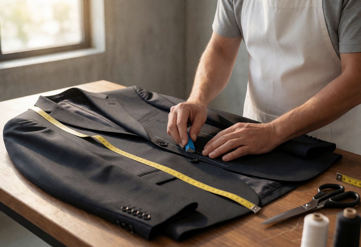 Professional tailor marking a dark suit with blue chalk, yellow measuring tape, scissors, and thread on a wooden table with natural light from a window and concrete wall background.