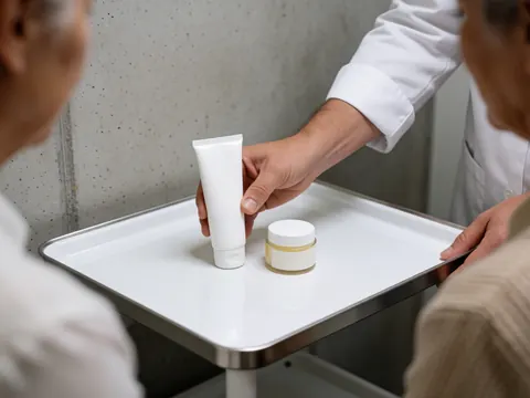 Professional hand placing cream tube and balm jar on white sterile tray against smooth concrete wall with bright clinical lighting
