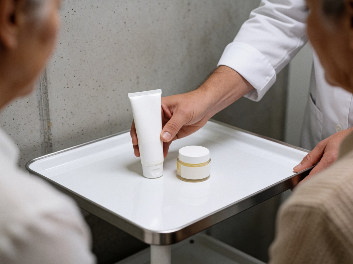 Professional hand placing cream tube and balm jar on white sterile tray against smooth concrete wall with bright clinical lighting