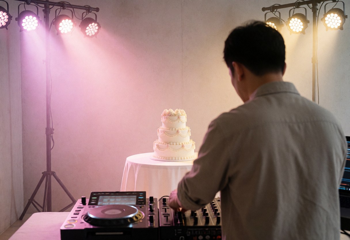 Professional DJ adjusting audio gear during an event with a wedding cake visible in the background illuminated by pink and gold stage lights