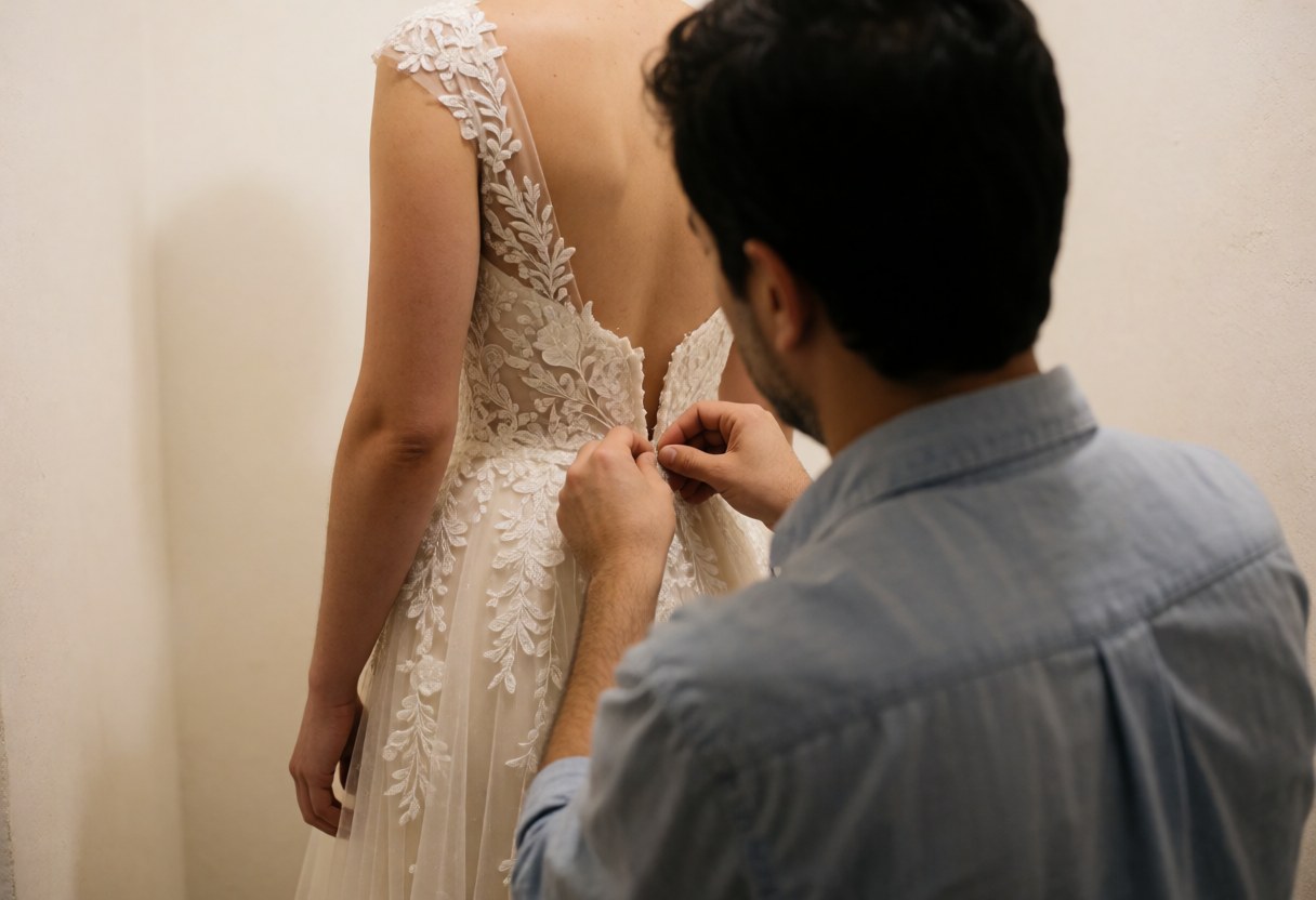 A professional tailor uses pins to adjust the back of a white lace wedding gown in a bright workshop with soft lighting.