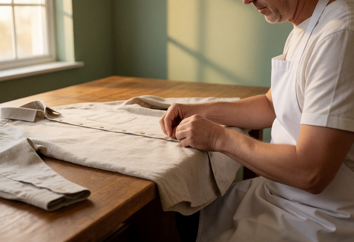 A tailor hand-sewing a button on a beige shirt over a wooden table with warm window light and a green wall background
