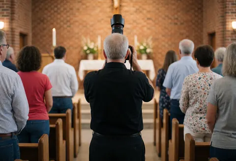 Professional wedding photographer capturing ceremony in brick church with long lens, people seen from behind, focus on camera and action