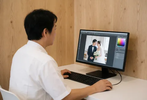 Wedding photographer working at a computer, editing a couple's photo on a color-calibrated screen in a room with light wood walls and soft ambient light.