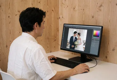 Wedding photographer working at a computer, editing a couple's photo on a color-calibrated screen in a room with light wood walls and soft ambient light.