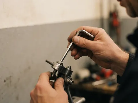 Close-up of a hand using a hex key to tighten a bicycle stem bolt in a workshop with blurred background and warm lighting