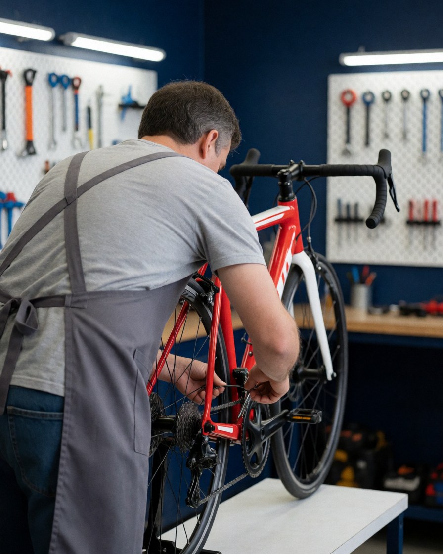Mechanic in gray apron adjusting derailleur on red and white bike in workshop with blue walls and tools