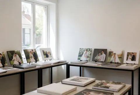 Glass display case holding wedding photo albums and pictures in a bright room with white walls and natural window light for wedding photographers consultations