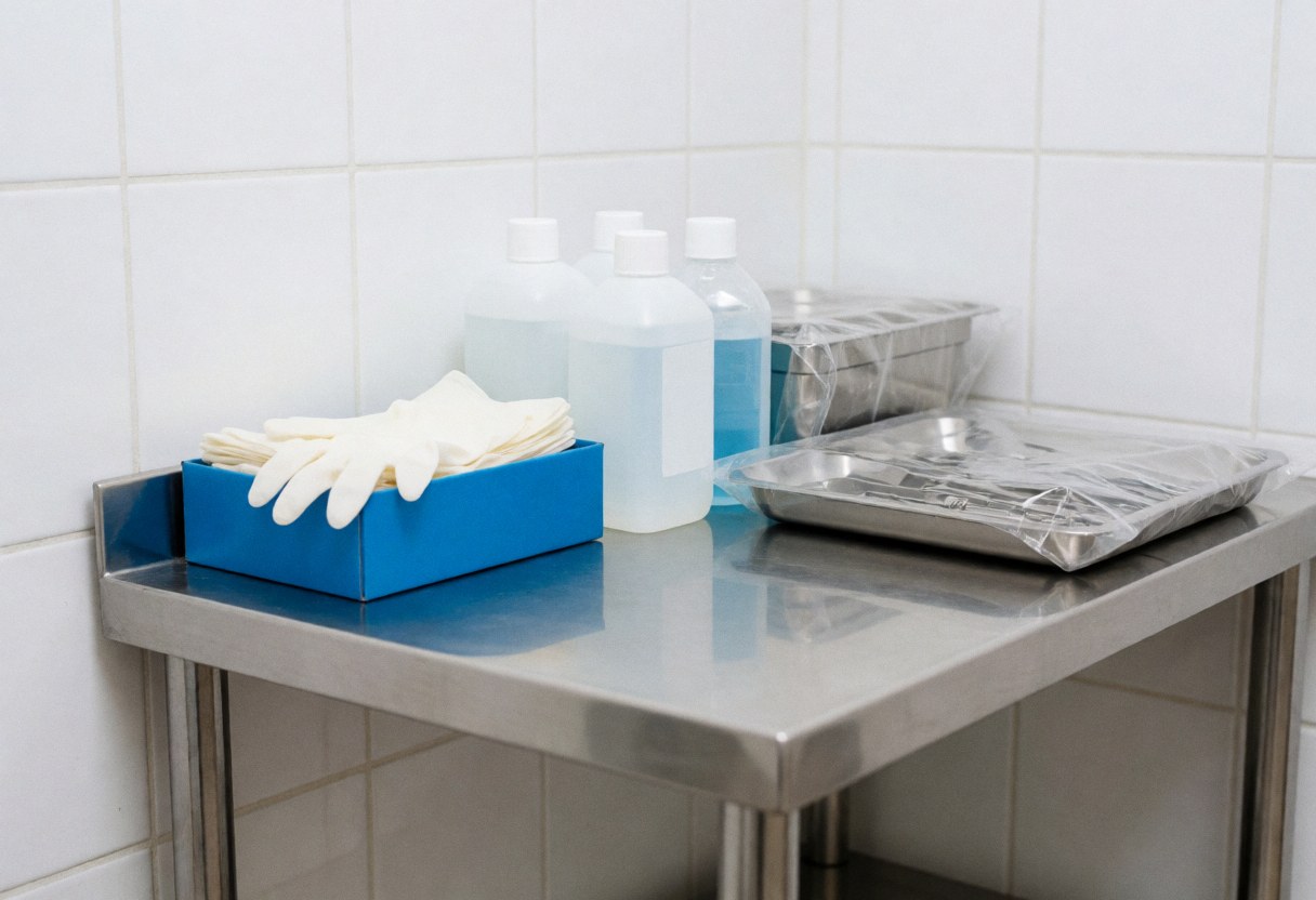 Sterile preparation station featuring gloves, antiseptics, and instrument trays on a reflective surface with white tiled walls and clinical lighting
