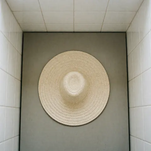 Top view of a traditional Colombian vueltiao straw hat with circular design on a gray surface with white tiled walls and soft lighting