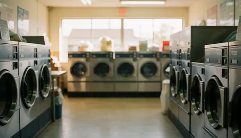 Clean laundromat interior featuring industrial washers and dryers with natural light from windows and empty space for text overlay